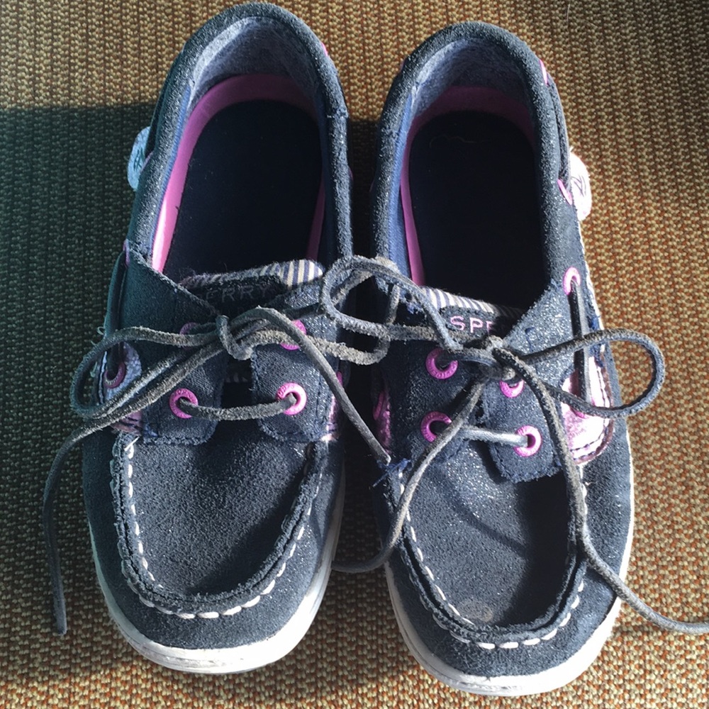 EUC Sperry Topsiders 13M Navy & Pink Glitter Bluefish shoes